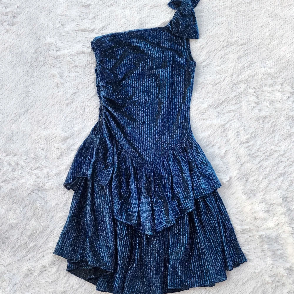 Stash‎ Vintage 1980s Metallic Blue One Shoulder Ruffle Prom Dress - Picture 8 of 10